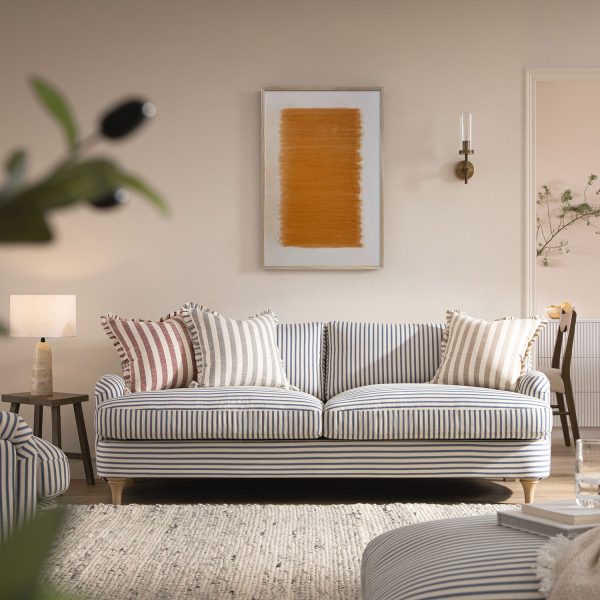 Daphnis Blue Striped Linen Blend Sofa, 3-Seater