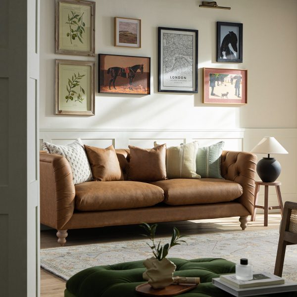 Ashby Chesterfield Large 3-Seater Sofa, Tan Faux Leather